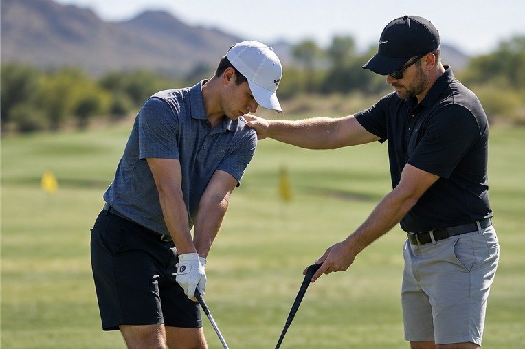 College golfer receiving in-person coaching